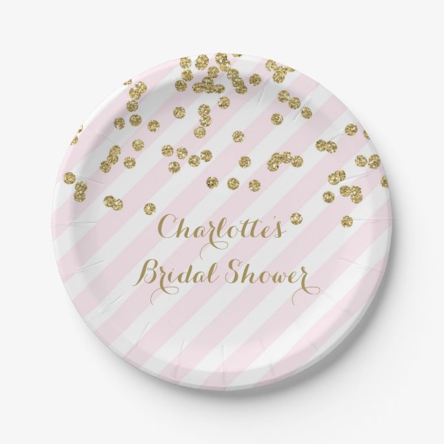 Gold Blush Pink Confetti Stripes Bridal Shower Paper Plates (Front)