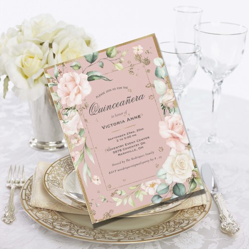 Gold Blush Pink Elegant Floral Quinceaera Invitation