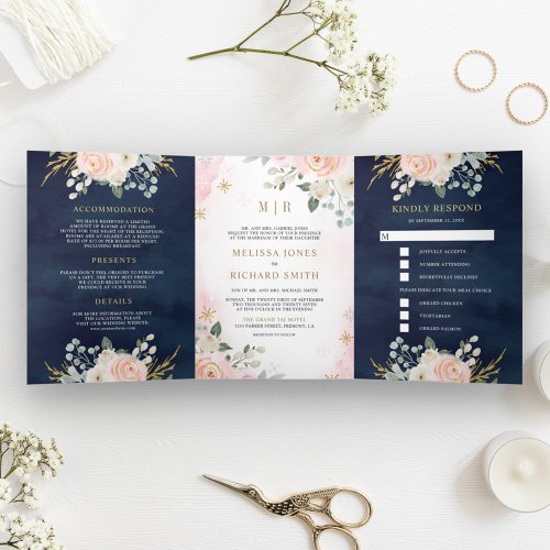Gold Blush Pink Floral All in One Navy Wedding Tri_Fold Invitation