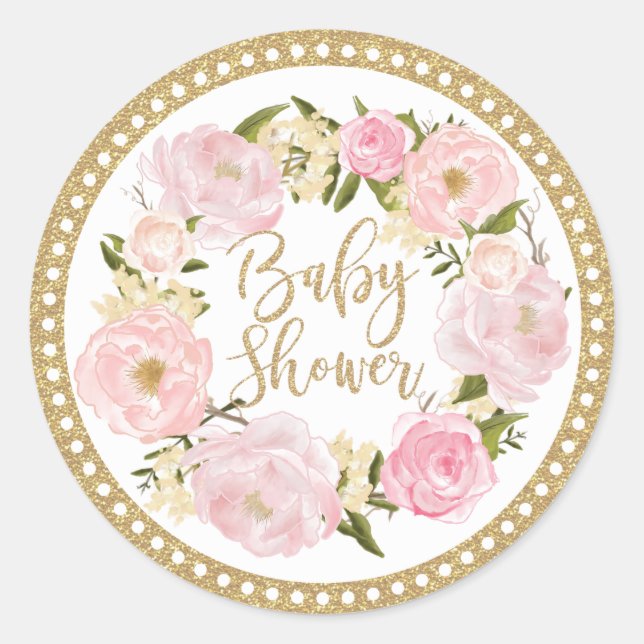 Gold Blush Pink Floral Baby Shower Favor Sticker (Front)
