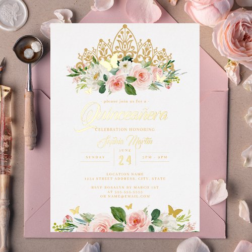 Gold Blush Pink Floral Butterfly Tiara Quinceanera Foil Invitation