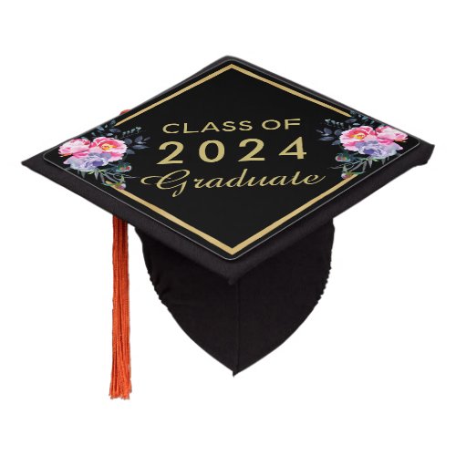 Gold Blush Pink Floral CLASS OF 2024 Graduate Graduation Cap Topper