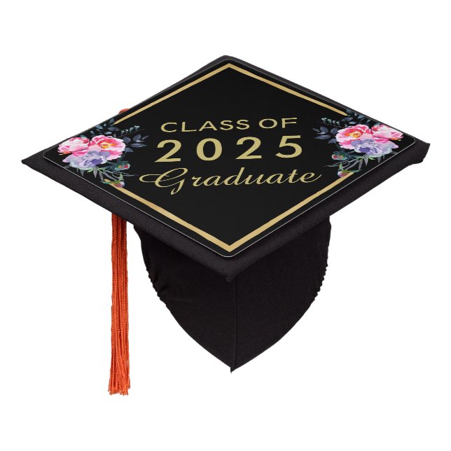 Gold Blush Pink Floral CLASS OF 2025 Graduate Graduation Cap Topper (Angled)