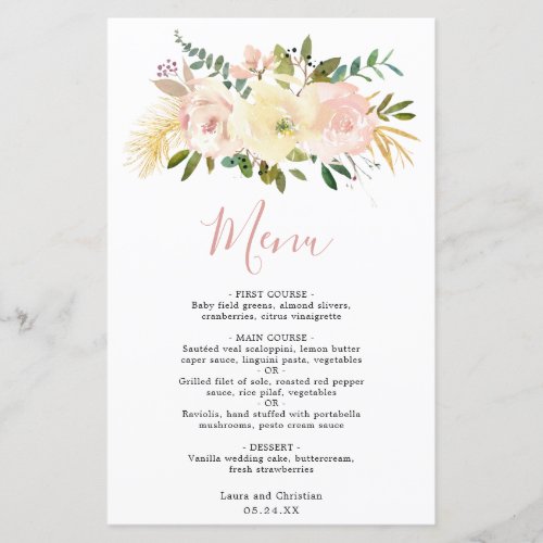 Gold Blush Pink Floral Elegant Wedding Menu