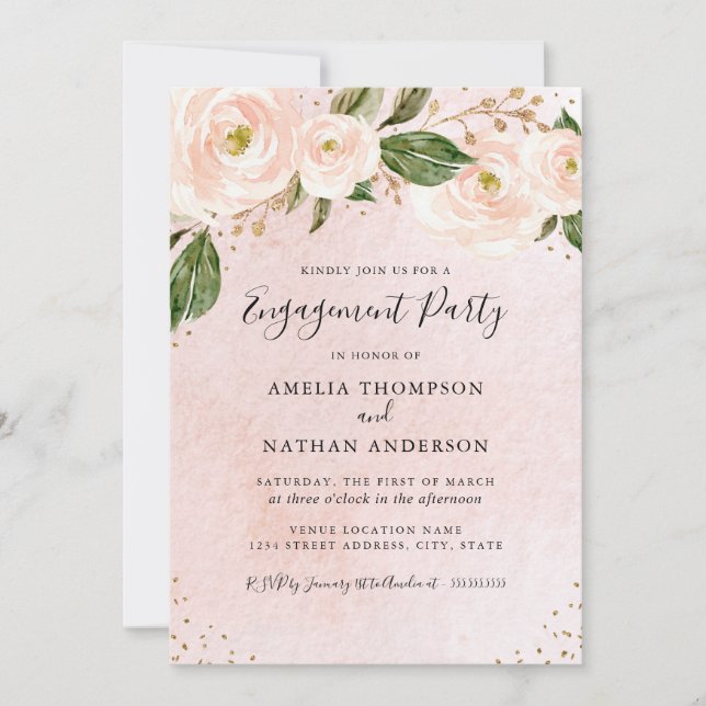 Gold Blush Pink Floral Engagement Party Invitation (Front)