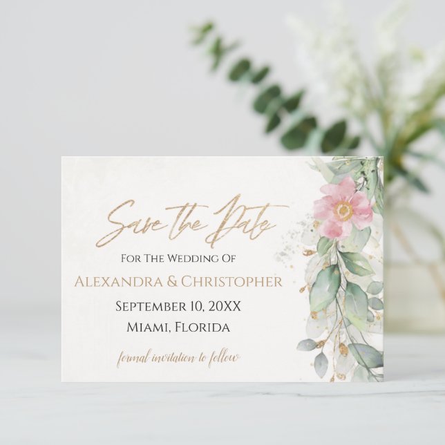 Gold & Blush Pink Floral Greenery Save The Date (Standing Front)