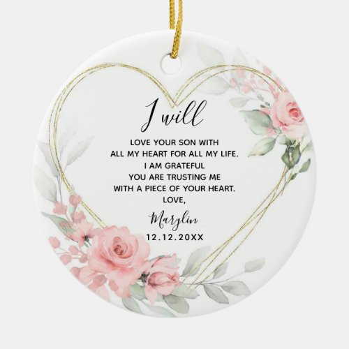 Gold Blush Pink Floral Heart Mother of The Groom Ceramic Ornament
