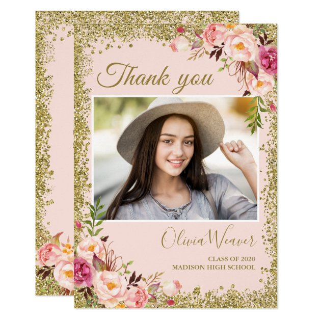 Gold Blush Pink Floral Photo Graduation Thank You Card