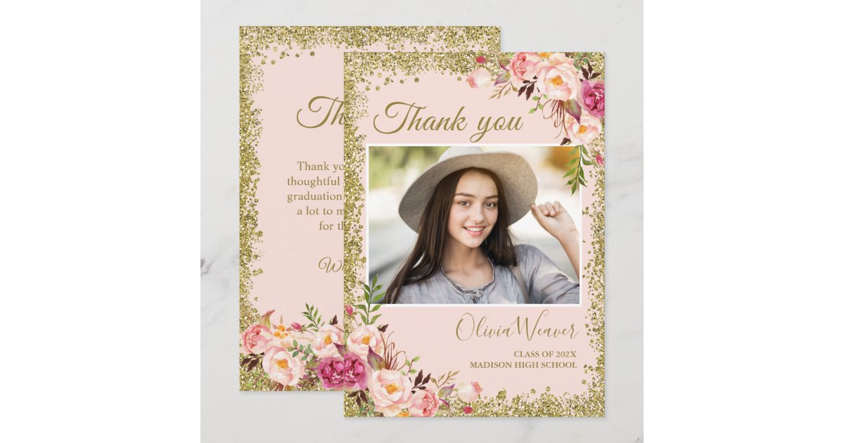 Gold Blush Pink Floral Photo Graduation Thank You Invitation | Zazzle