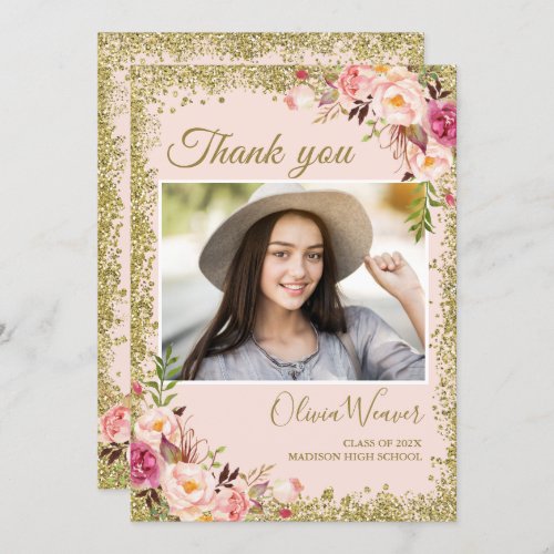 Gold Blush Pink Floral Photo Graduation Thank You Invitation