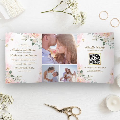 Gold Blush Pink Floral Photo QR Code Wedding Tri_Fold Invitation