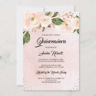 Gold Blush Pink Floral Quinceanera Birthday Invitation