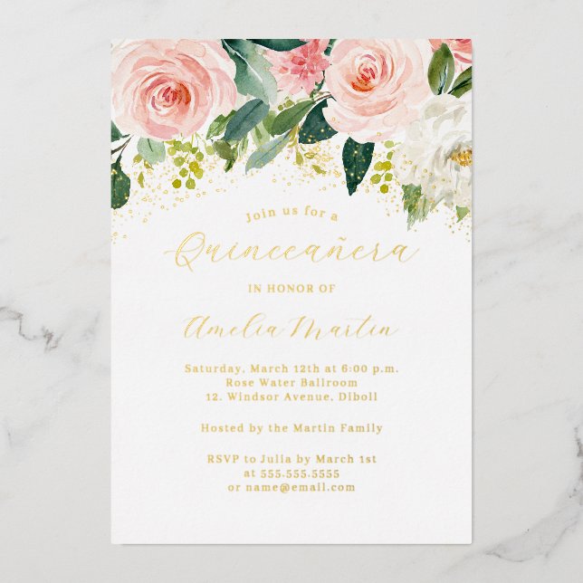 Gold Blush Pink Floral Quinceanera  Foil Invitation (Front)