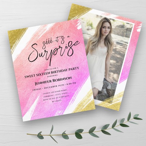 Gold Blush Pink Foil Surprise Sweet 16 Invites 