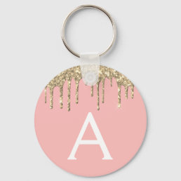 Gold Blush Pink Girly Sparkly Glitter Monogram Keychain