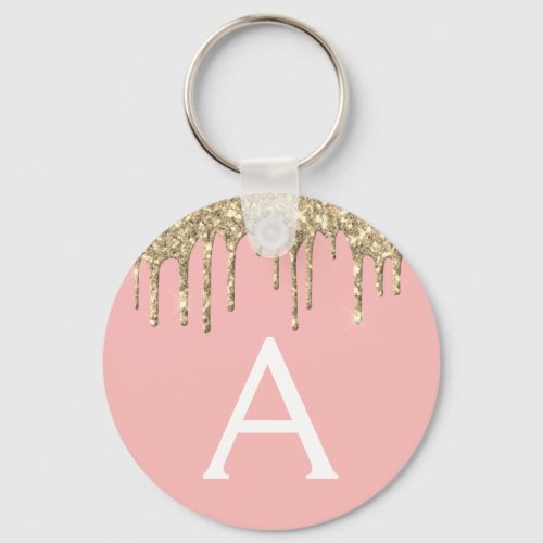 Gold Blush Pink Girly Sparkly Glitter Monogram Keychain