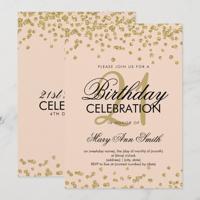 Gold Blush Pink Glitter Confetti 21st Birthday Invitation (Front/Back)