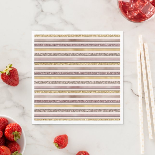 Gold Blush Pink Glitter Glitzy Stripes Napkins (Insitu)