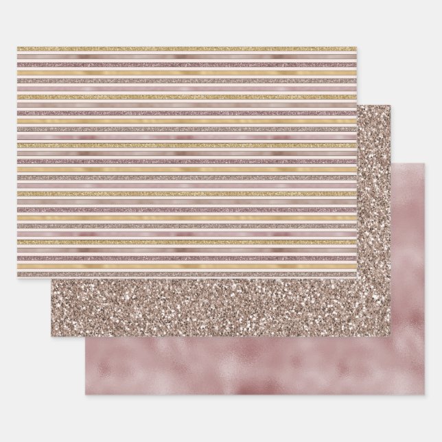 Gold Blush Pink Glitter Glitzy Stripes Wrapping Paper Sheets (Set)