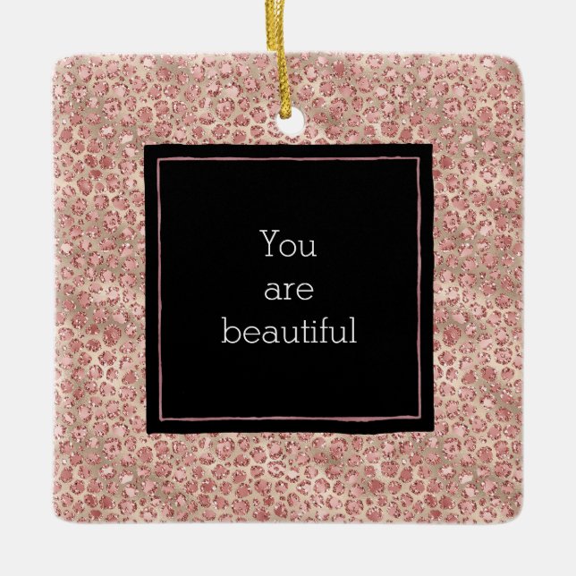Gold Blush Pink Glitter Leopard Print Ceramic Ornament (Front)