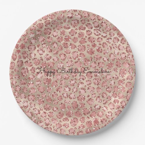 Gold Blush Pink Glitzy Glitter Leopard Print   Paper Plates