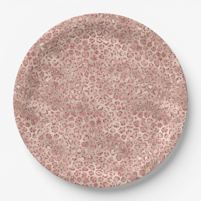 Gold Blush Pink Glitzy Glitter Leopard Print Paper Plates (Front)