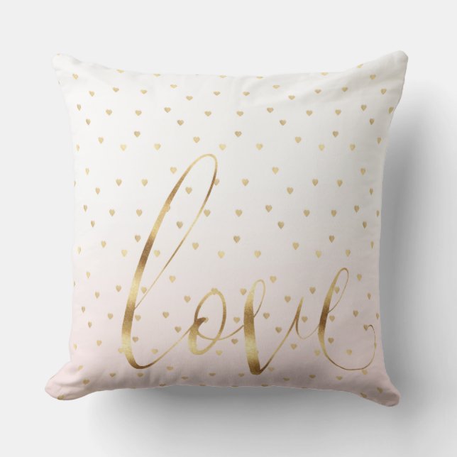 Gold Blush Pink Hearts Love Ombre Throw Pillow (Front)