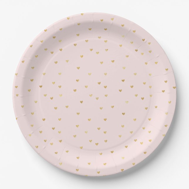 Gold Blush Pink Little Hearts Paper Plates (Front)