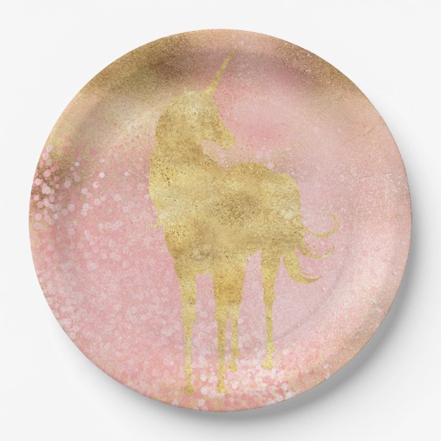 Gold Blush Pink Magical Unicorn Paper Plates (Front)
