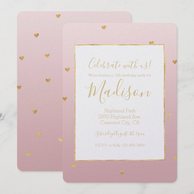 Gold Blush Pink Ombre Hearts Invitation (Front/Back)