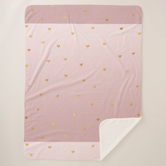 Gold Blush Pink Ombre Hearts Sherpa Blanket (Front)