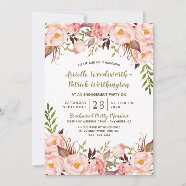 Gold Blush Pink Peony Engagement Party Invitations (Front)