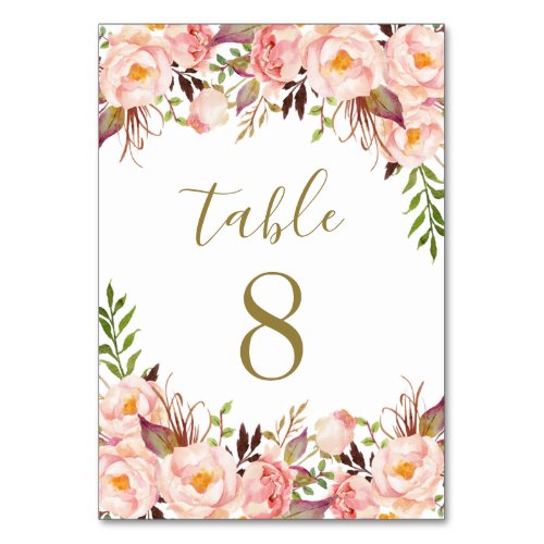 Gold Blush Pink Peony Wedding Table Number Cards