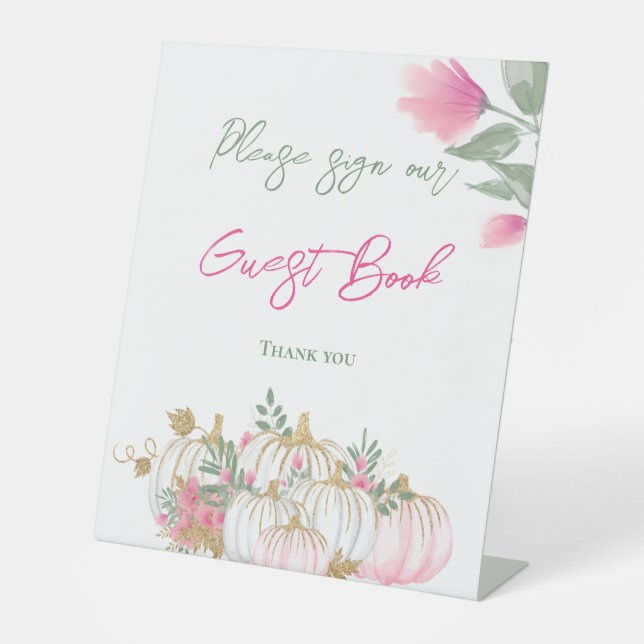 Gold Blush Pink Pumpkin Guest Book Baby Shower Pedestal Sign (Front)