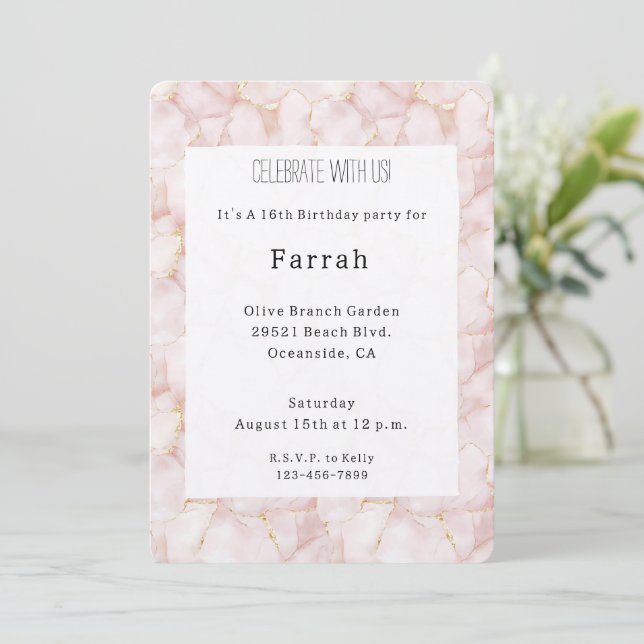 Gold Blush Pink Rose Petals Floral Birthday   Invitation (Standing Front)