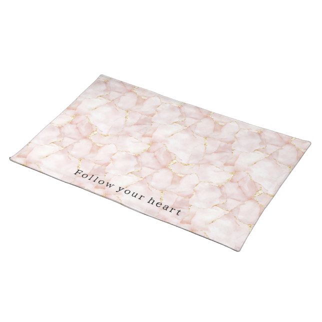 Gold Blush Pink Rose Petals Floral   Cloth Placemat (On Table)