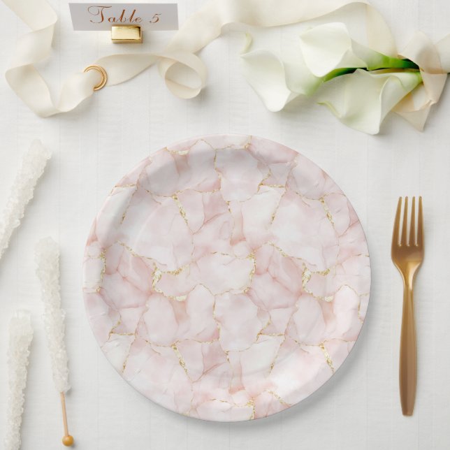 Gold Blush Pink Rose Petals Floral Wedding Paper Plates (Wedding)