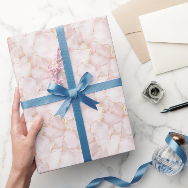 Gold Blush Pink Rose Petals Floral Wedding Wrapping Paper (Gifting)