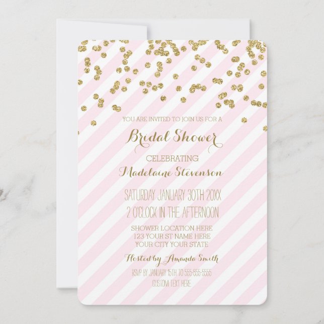 Gold Blush Pink Stripes Bridal Shower Invitations (Back)