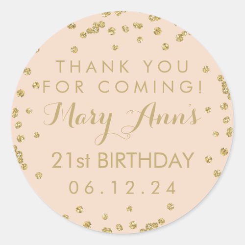 Gold Blush Pink Thank You 21st Birthday Confetti Classic Round Sticker