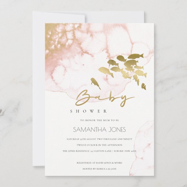 Gold Blush Pink Underwater Fish Baby Shower Invite (Front)