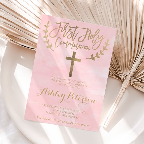 Gold blush pink watercolor  First Holy Communion Invitation