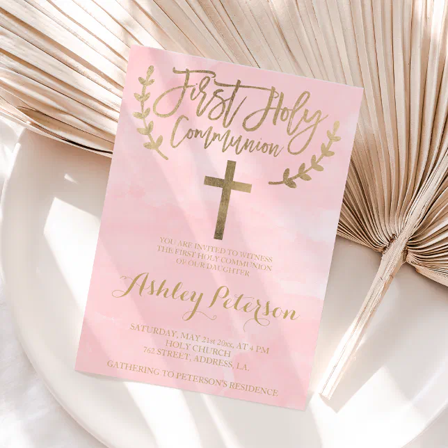 Gold blush pink watercolor First Holy Communion Invitation | Zazzle