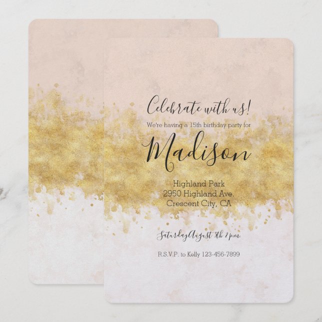 Gold Blush Pink Watercolor Glam Invitation (Front/Back)