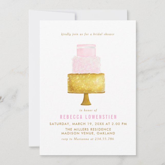 Gold Blush Pink Wedding Cake Bridal Shower Invitation (Front)