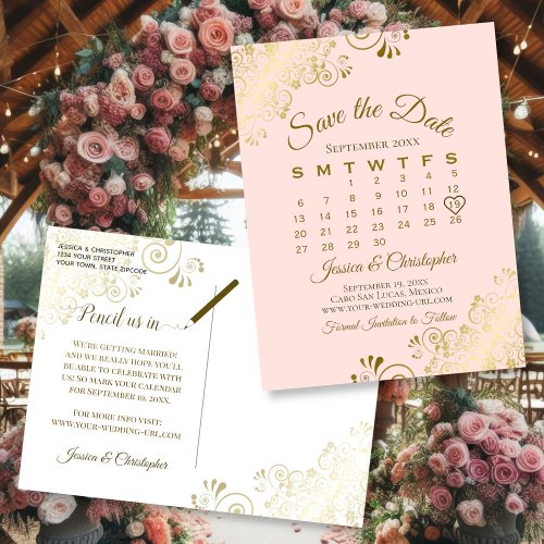 Gold  Blush Pink Wedding Save the Date Calendar Announcement Postcard