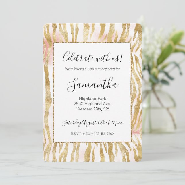 Gold Blush Pink Zebra Print Invitation (Standing Front)