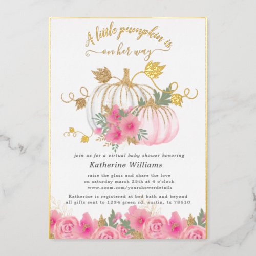 gold blush pumpkin virtual baby shower foil invitation