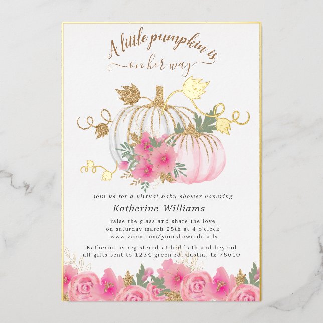 gold blush pumpkin virtual baby shower foil invitation (Front)