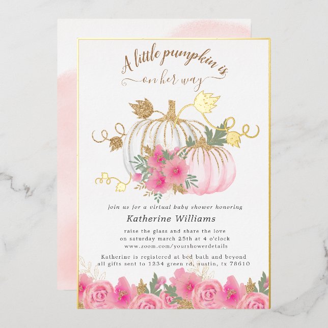 Gold Blush Pumpkin Virtual Baby Shower Foil Invitation (Front/Back)